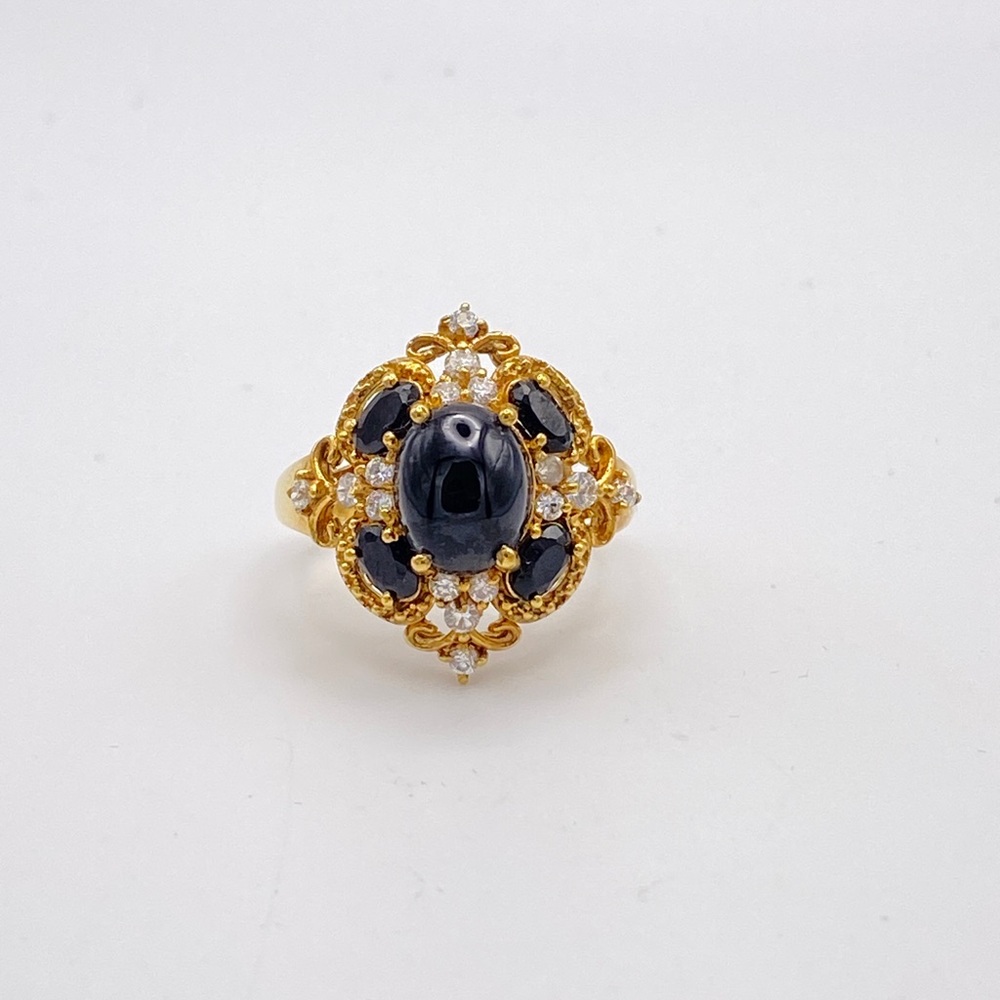 Black Spinel, Black Sapphire, and Simulated Diamond Ring (24k gold plated)
